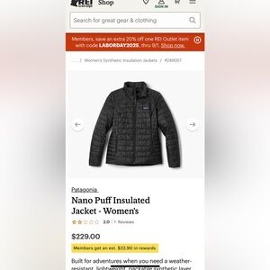 Patagonia Women's Black Nano Puff Insulated Jacket xs like new